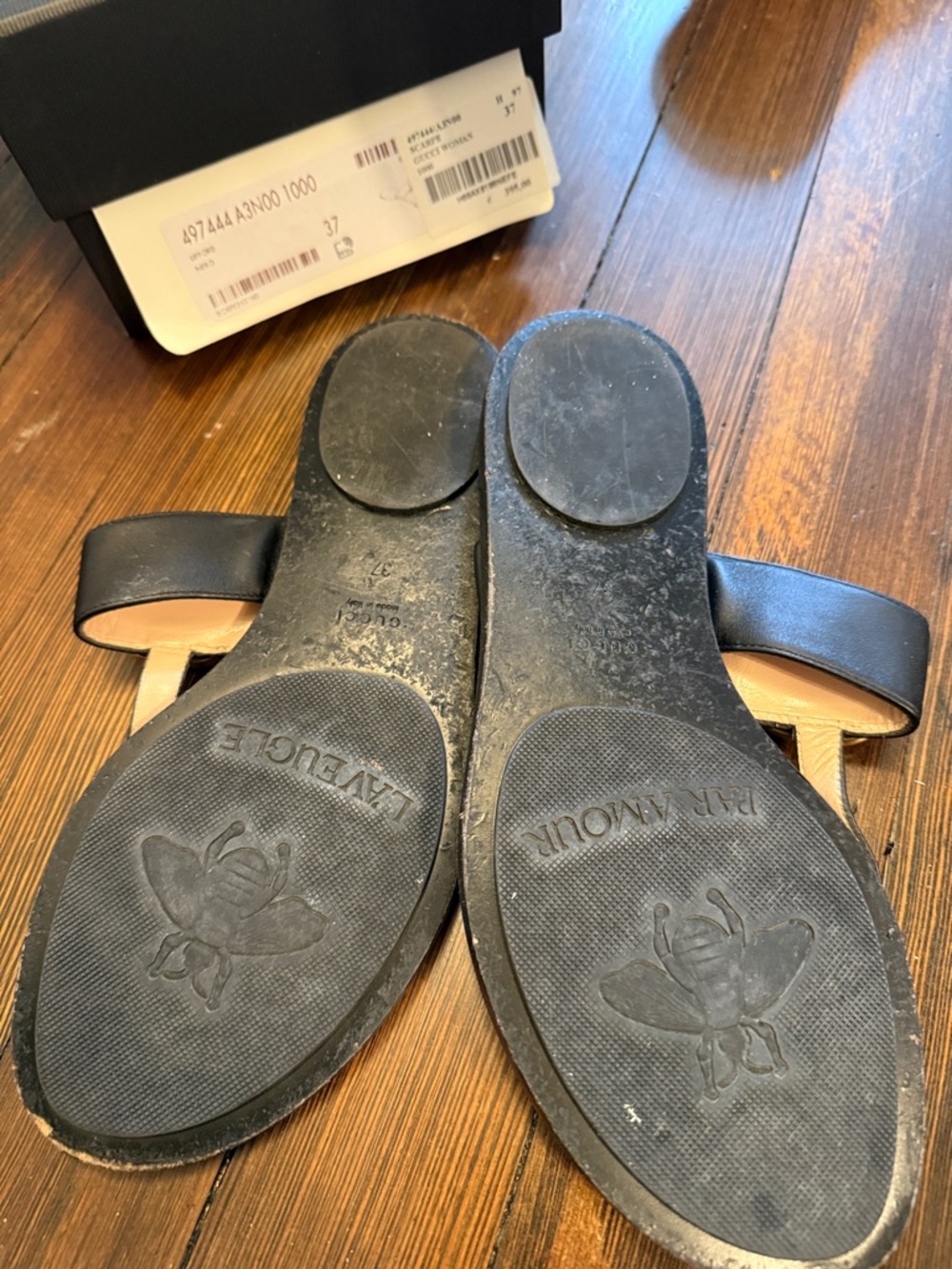 Gucci Black Leather Sandals with Gold Double G - Picture 4 of 5